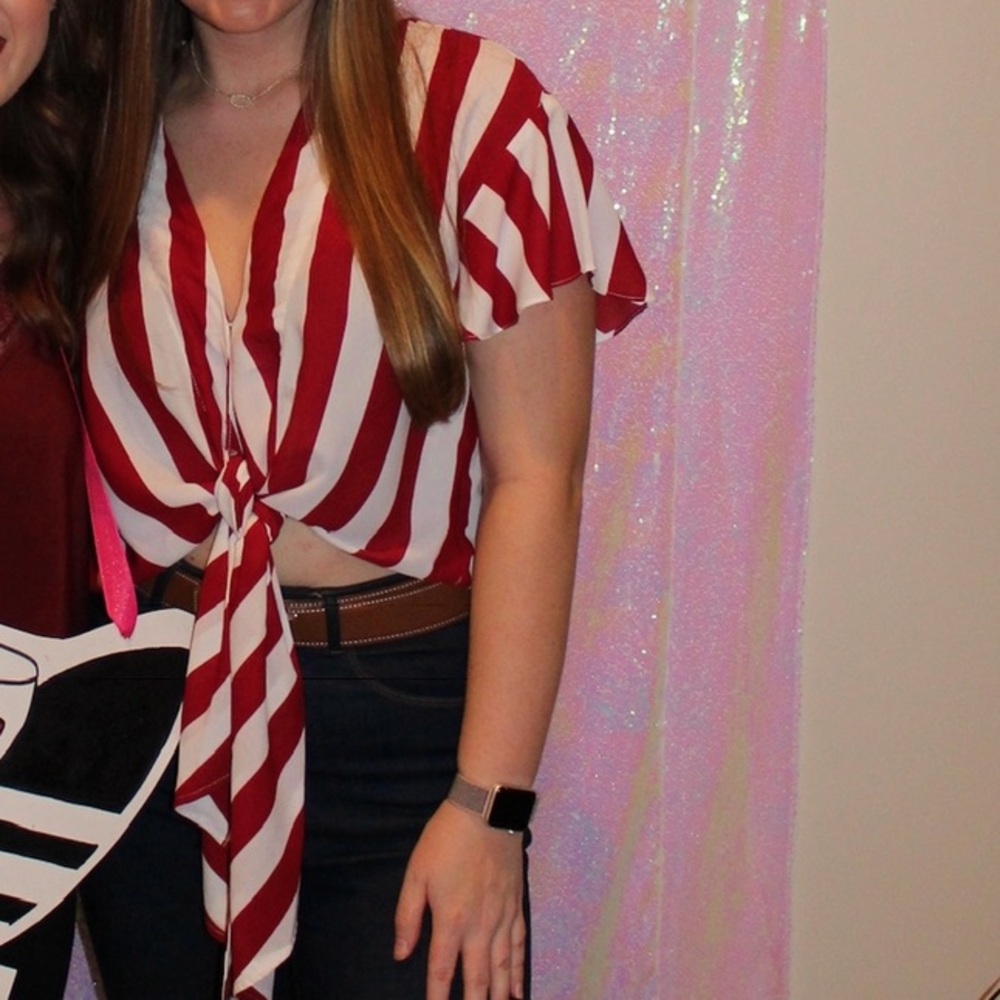 Maroon and White Stripe Front Tie Blouse